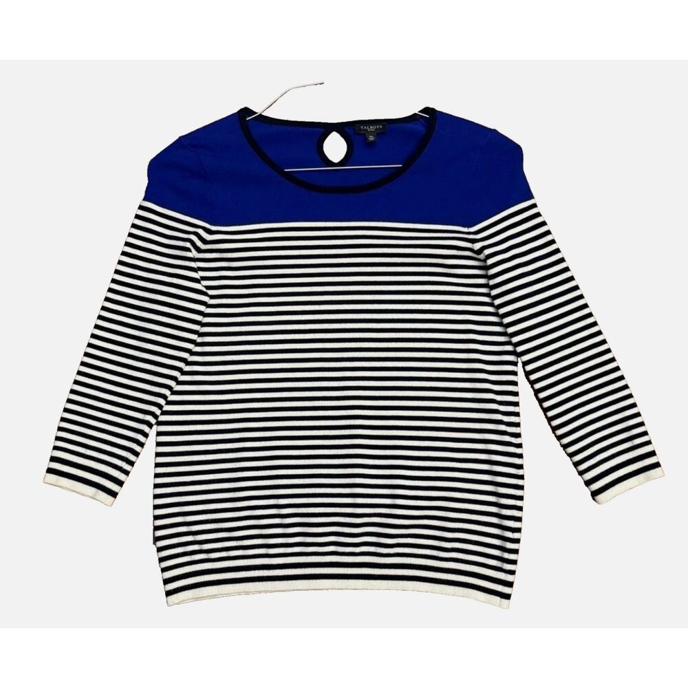 Talbots Petite M Pullover Sweater Blue White Striped Ocean Nautical Sz PM